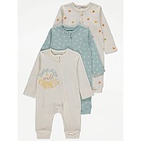 Cream Floral Print Ribbed Sleepsuits 3 Pack | Baby | George at ASDA