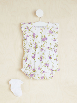 Billie Faiers Purple Floral Romper and Socks Outfit Baby at ASDA