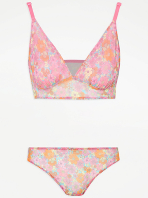 Pink Floral Print Mesh Bralette and Thong Set