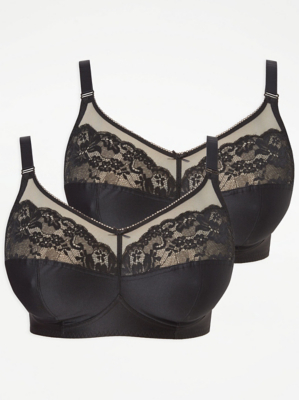 Black Traditional Non Wired Lace Bras 2 Pack Lingerie at ASDA