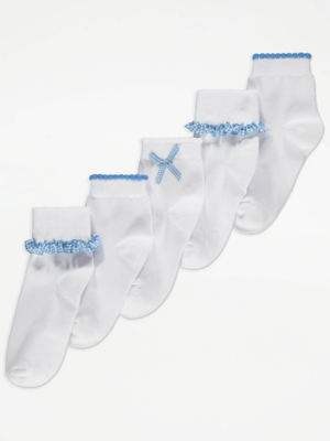 Blue Gingham Frill Ankle Socks 5 Pack Kids at ASDA