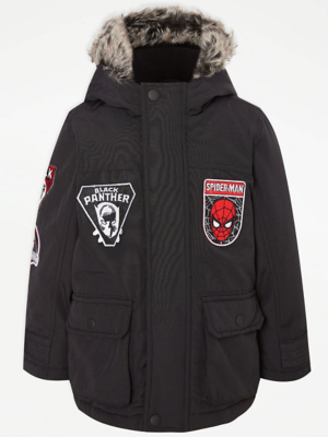 Marvel Badge Print Black Parka Coat | Kids | George at ASDA