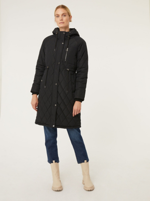 Black Quilted Longline Coat Women at ASDA