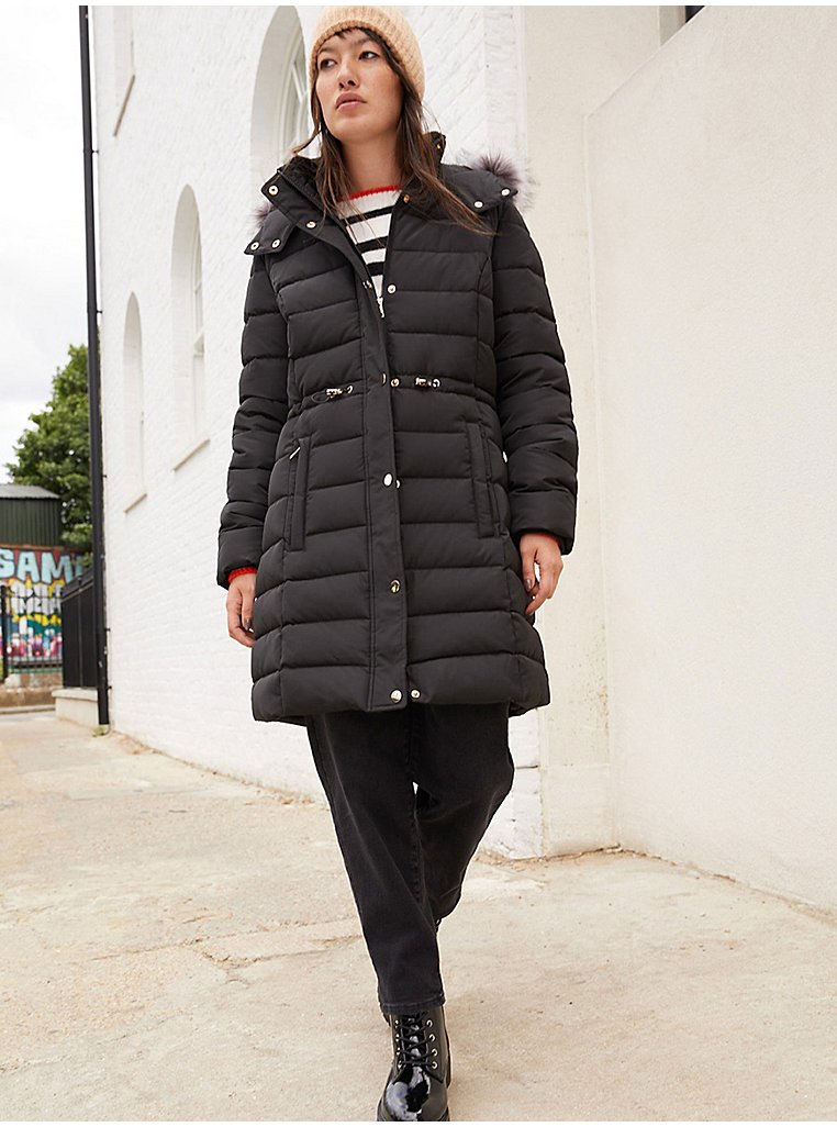Black Faux Fur Trim Padded Longline Coat | Women | George at ASDA