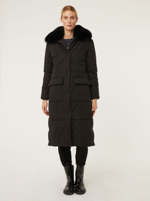 Black Faux Fur Collar Longline Padded Coat Women at ASDA
