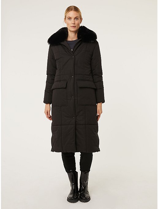 Black Faux Fur Collar Longline Padded Coat | Women | George at ASDA