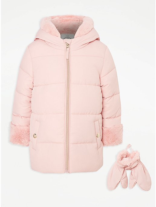 Pink Padded Longline Coat with Mittens | Kids | George at ASDA