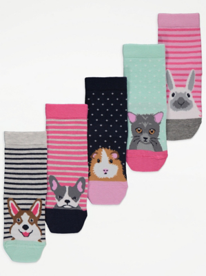 Pink Pets Print Ankle Socks 5 Pack