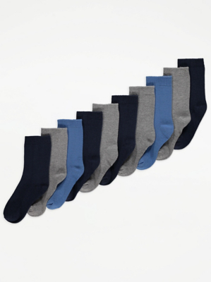 Assorted Blue Plain Ankle Socks 10 Pack