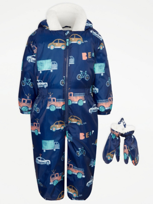 Blue Vehicle Printed Snowsuit Kids at ASDA