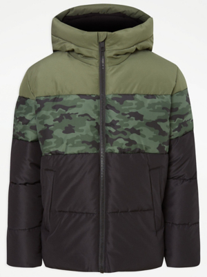 Green Camouflage Padded Hooded Coat