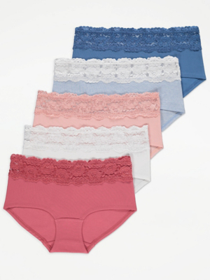 Assorted Lace Trim Short Knickers 5 Pack Women at ASDA