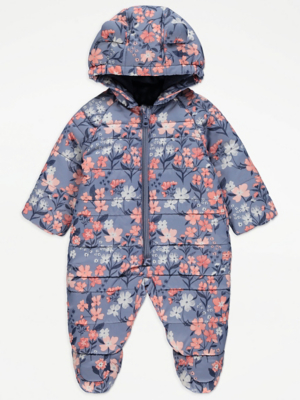 Blue Floral Print Fur Packable Snowsuit Baby at ASDA