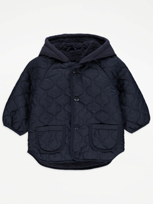 Navy Quilted Hooded Jacket Baby at ASDA