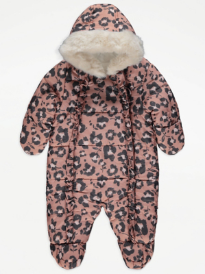 Pink Leopard Print Faux Fur Trim Snowsuit Baby at ASDA