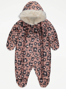 Pink Leopard Print Faux Fur Trim Snowsuit