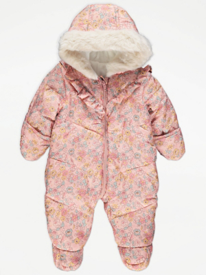 Pink Floral Print Padded Snowsuit Baby at ASDA