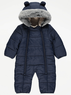 Navy Hooded Padded Pramsuit Baby at ASDA