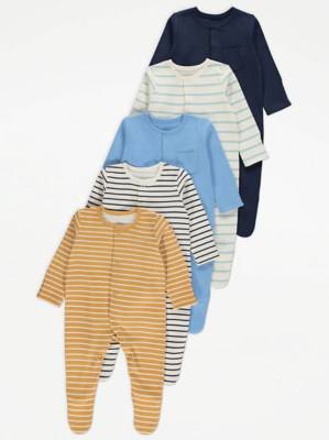 Assorted Striped Sleepsuits 5 Pack Baby at ASDA