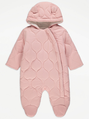 Pink Hooded Quilted Pramsuit Baby at ASDA