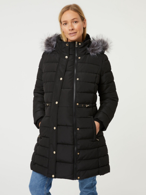 Maternity Black Fur Lined Hooded 2In1 Padded Coat Sale & Offers
