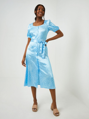 Blue Spot Print Satin Midi Tea Dress Women at ASDA
