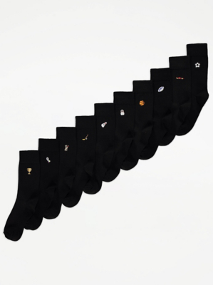 Black Sports Embroidered Ankle Socks 10 Pack Men at ASDA
