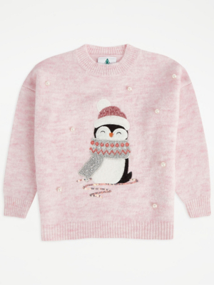 Pink Embellished Penguin Knitted Jumper Kids at ASDA