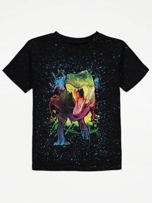 Black Splatter Print Dinosaur T-Shirt