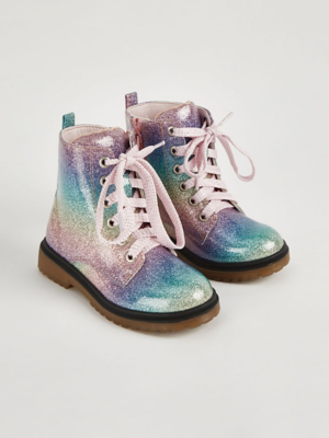 Rainbow Glitter Lace Up Boots Kids at ASDA