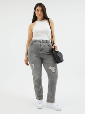 Grey Ripped Straight Leg Jeans Women at ASDA