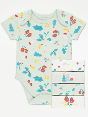 White Assorted Christmas Print Bodysuits 5 Pack Baby at ASDA