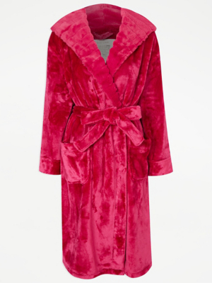 Cerise Pink Plush Hooded Dressing Gown Women at ASDA