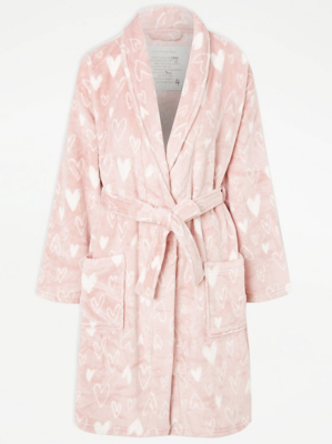Pink Heart Print Fleece Dressing Gown Women at ASDA