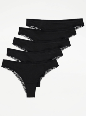 Black Lace Brazilian Knickers 5 Pack Women at ASDA