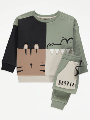 Khaki Animal Graphic Print Sweatshirt and Joggers Outfit