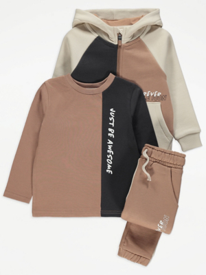 Brown Colour Block Little Icon Zip Hoodie Top and Joggers Outfit