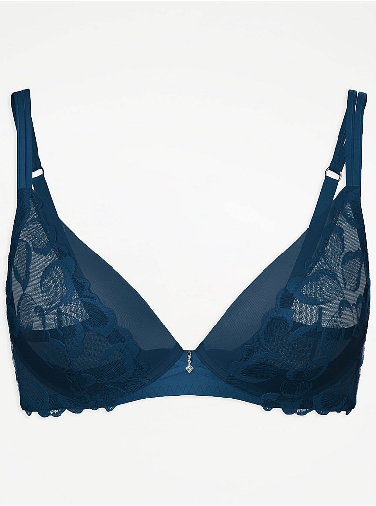 Blue Floral Embroidered Non-Padded T-Shirt Bra, Lingerie