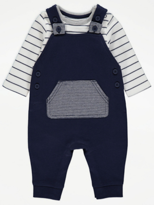 Navy Dungarees and Striped Bodysuit Outfit Baby at ASDA