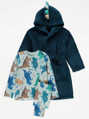 Green Fleece Dressing Gown and Dinosaur Pyjamas 3 Piece Set Kids