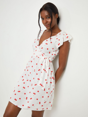 White Cherry Print Wrap Mini Dress Women at ASDA