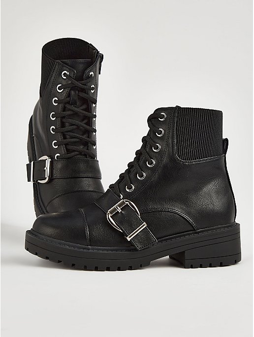 Black Buckle Elasticated Lace Up Boots | Women | George at ASDA