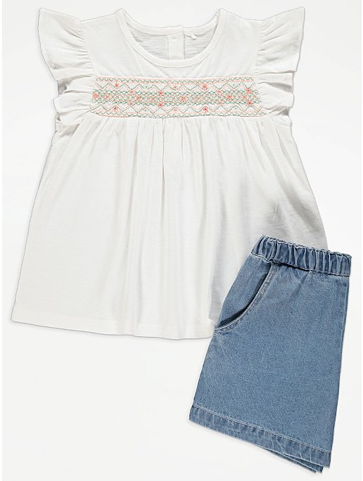 Embroidered Smock Top and Denim Shorts Outfit | Kids | George at ASDA