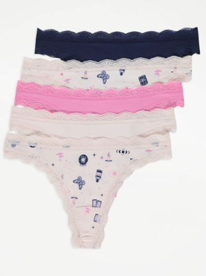Mystic Print Lace Trim Brazilian Briefs 5 Pack Women at ASDA