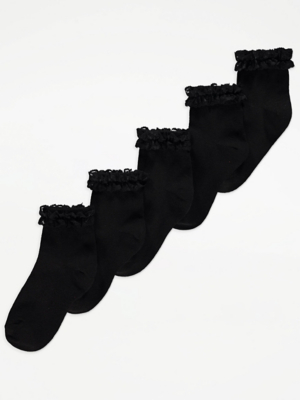 Black Lace Trim Ankle Cotton Rich Socks 5 Pack Kids at ASDA