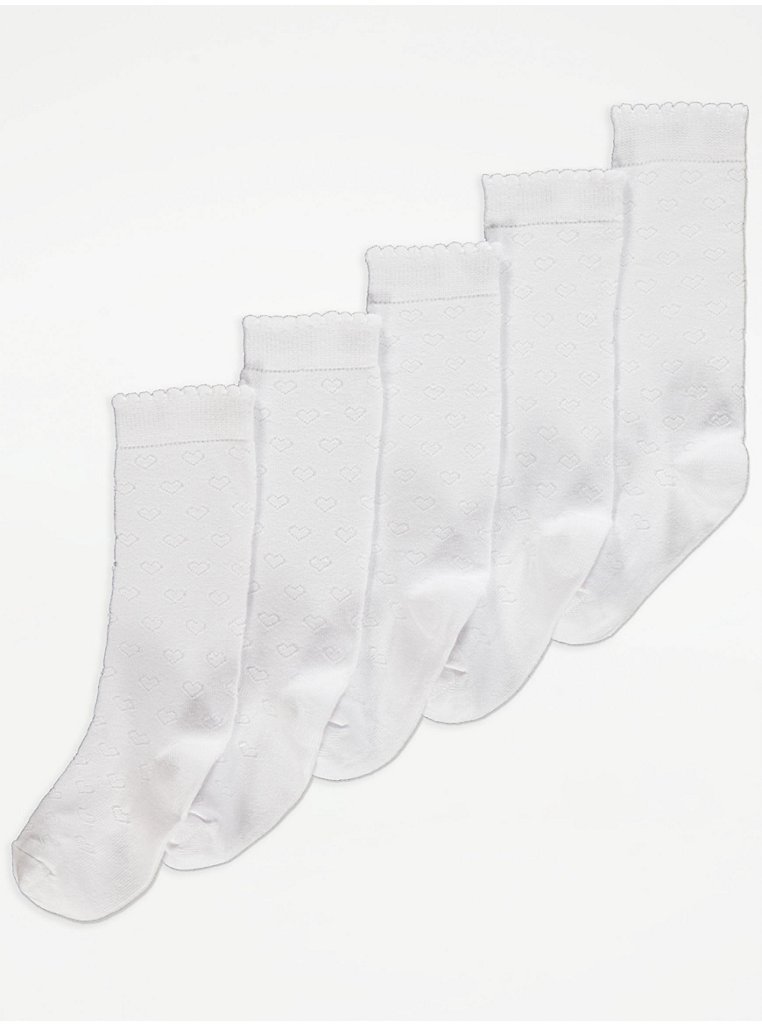White Heart Print Cotton Rich Knee High Socks 5 Pack | Kids | George at ...