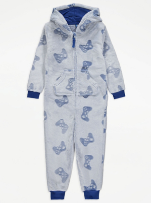 Blue Gaming Print Fleece Onesie Kids at ASDA
