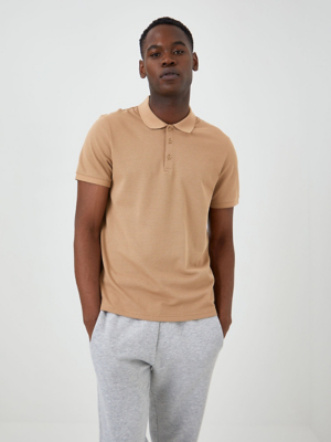 Brown Textured Button Up Polo Shirt Men at ASDA