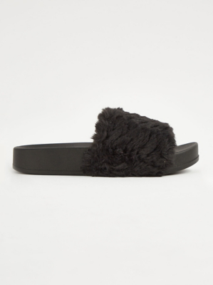 Black Faux Fur Sliders Women at ASDA