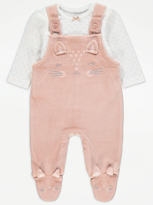 Pink Cat Print Bodysuit and Dungarees Outfit Baby at ASDA
